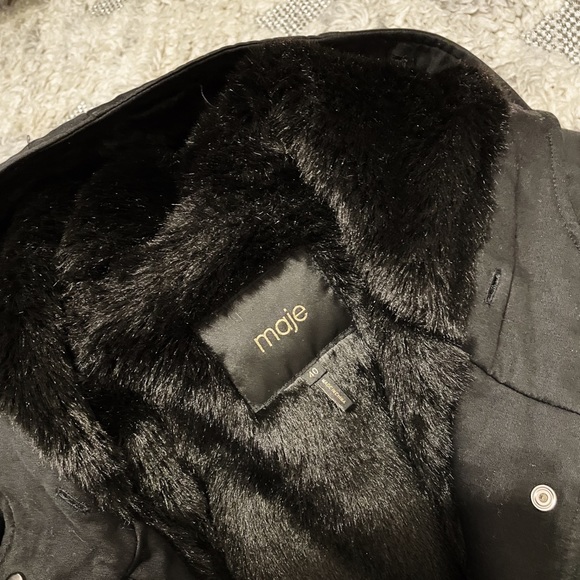 Maje Gafety Faux Fur-Trimmed Cotton-Blend Twill Coat in Black Sz 40 (L) - Picture 5 of 8